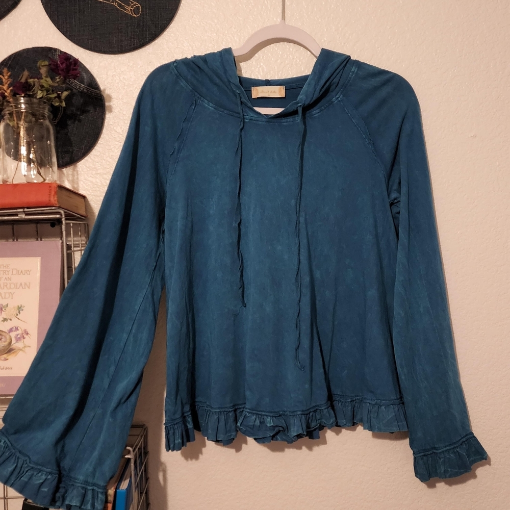 Altar'd State S Blue Frilled Cotton Hoodie